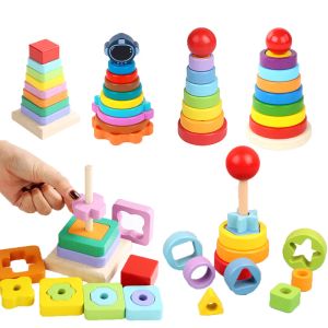 Montessori Educational Learning Children Toys Rainbow Wood Blocs Color Cognitive Forme Matching Empile Game pour 3-6 ans
