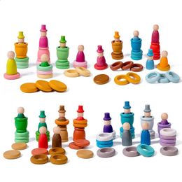 Montessori arc-en-ciel blocs de construction enfants jouets hêtre en bois quatre saisons thème tasses empilées construire jeu de puzzle sensoriel 240131