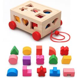 Montessori vorm sorteerspeelgoed houten trek langs auto matching blokken doos kinderen intelligentie educatief voor Y240407