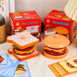 Juguete Montessori para niños, sándwich de madera sándwich papas fritas para clasificar juguetes apilando, aprendizaje preescolar de juguete de comida