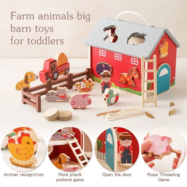 Toys Montessori Toys Wooden Simulater Scène de réglage de la ferme Toys Baby Forme Matching Animal Toys Children Puzzle Blocks Gifts 240510