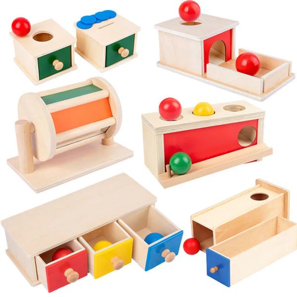 Montessori Boîte permanente en bois Boîte de monnaie Textile Tiroir Tiroir de maternelle Aides d'enseignement pour enfants