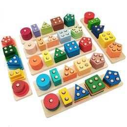 Montessori Houten Speelgoed Geometrische Bouwstenen Sorteren Stapelen Baby Educatief Vorm Kleur Sorter Voorschoolse Kinderen Geschenken 240110