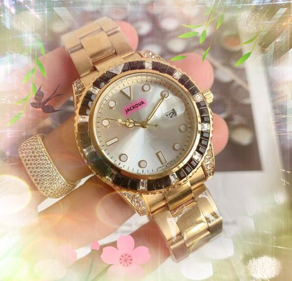 Montre De Luxe japon mouvement à quartz hommes montres 41mm date automatique brillant arc-en-ciel diamants anneau horloge solide fine bande en acier inoxydable usine vintage populaire montre