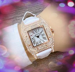 Montre De Luxe bracelet en cuir quartz mode femmes montres plein diamants bague carrée réservoir romain cadran horloge petite taille chaîne bracelet montre-bracelet cadeaux de haute qualité