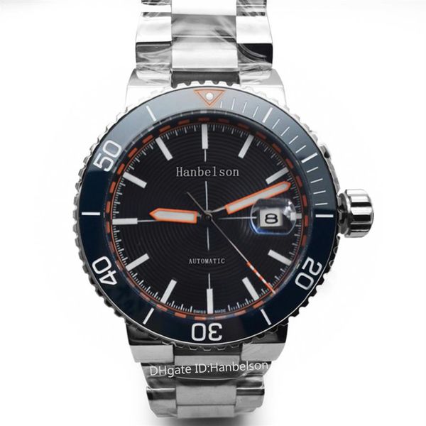 Montre De Luxe Relojes para hombre Relojes de pulsera de titanio gris Movimiento automático Cara negra Correa de metal Escala naranja Hanbelson293O