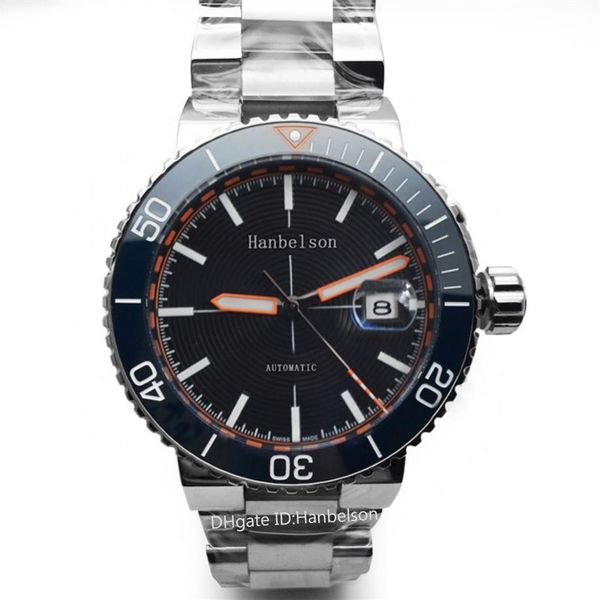 Montre De Luxe Relojes para hombre Relojes de pulsera de titanio gris Movimiento automático Cara negra Correa de metal Escala naranja Hanbelson224Q