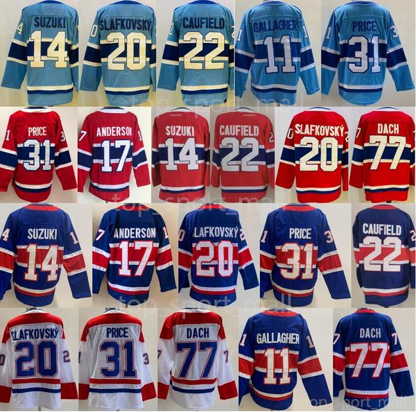 Hockey sur glace 22 Cole Caufield Jerseys 20 Juraj Slafkovsky 77 Kirby Dach 14 Nick Suzuki 11 Brendan Gallagher 31 Carey Price Josh Anderson Reverse Retro Team Rouge Bleu Hommes