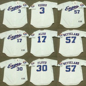 Expos de Montréal 5 MICHAEL BARRETT 57 JOHN WETTELAND 3 JOSE VIDRO 18 MOISES ALOU 30 CLIFF FLOYD 3 MIKE LANSING maillot de baseball cousu