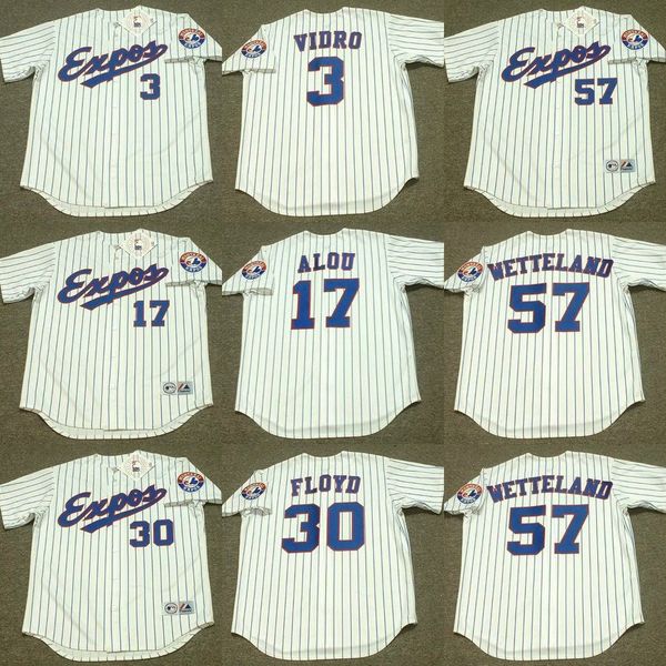 Expos de Montréal 5 MICHAEL BARRETT 57 JOHN WETTELAND 3 JOSE VIDRO 18 MOISES ALOU 30 CLIFF FLOYD 3 MIKE LANSING maillot de baseball cousu