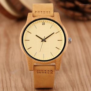 Montres Pour Femmes Wood Watch Women Quartz Tijdwerk Simple Yellow Dial Echt lederen dames polshorloge elegant casual horloge1307G