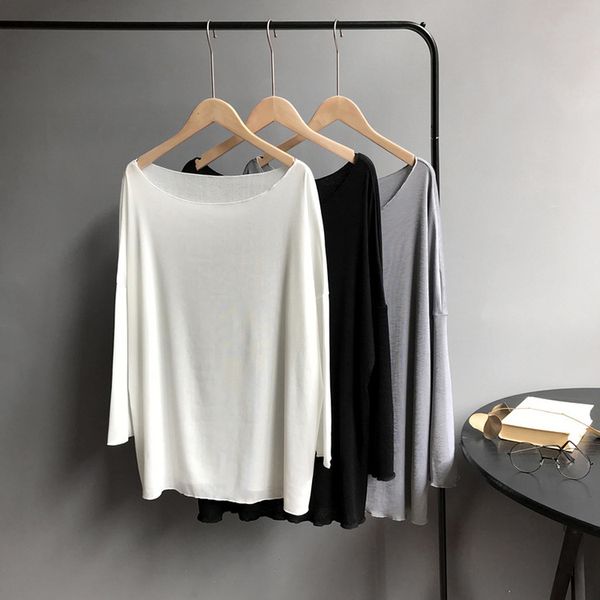 Mooirue, camiseta informal de otoño para mujer, camisetas básicas finas de manga larga sólidas, camisetas holgadas blancas, negras y grises para niñas