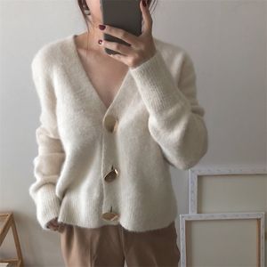 Mooirue Otoño Mujeres Suave Blanco Punto Cashmere Suéter Doble Botón Mujeres Cálido Jumper Vneck Suéter de invierno T200101