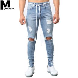 Moomphya 2019 Verontruste Gaten Zijstrepen Skinny Jeans Mannen Streetwear Hip Hop Gescheurde Jeans Voor Mannen Denim Broek Blue272m