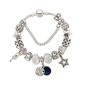 Lune et étoiles Pendentif Charm Bracelets pour Pandora 925 Argent Plaqué Serpent Chaîne Bijoux De Fête Pour Femmes Petite Amie Cadeau Clair Charms Bracelet avec Boîte D'origine