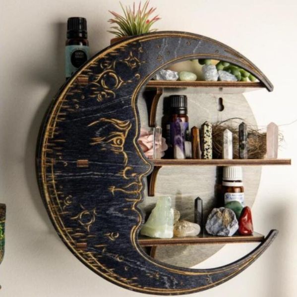 Étagère de rangement en bois cristal de lune, organisateur mural suspendu Boho, décoration gothique, présentoir en pierre d'art, décor de chambre à coucher