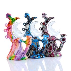 Narguilés Ordinaire Imprimé Conception Lune Dab Rig Bong Fumer Pipe À Eau Narguilé Bongs Silicone Tuyaux Tabac avec Bol En Verre