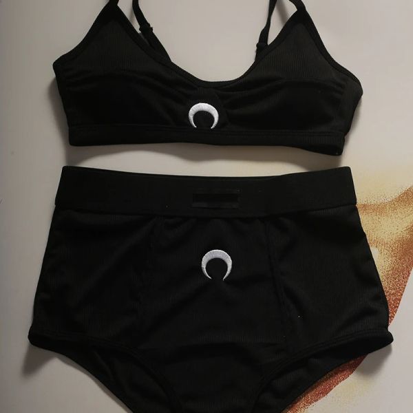 Traje de baño de Color liso con bordado de Luna para mujer, traje de baño para la playa, conjunto de Bikini separado de dos piezas, conjunto de Bikinis sexys de verano