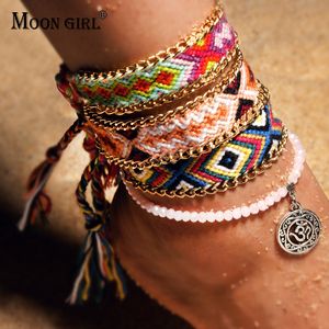 Moon Girl 2 PCS Om Rune Weave Anklets for Women Crystal Bead Handgemaakte katoenen enkelbandarmbanden vrouwelijk strandvoet sieraden dropship