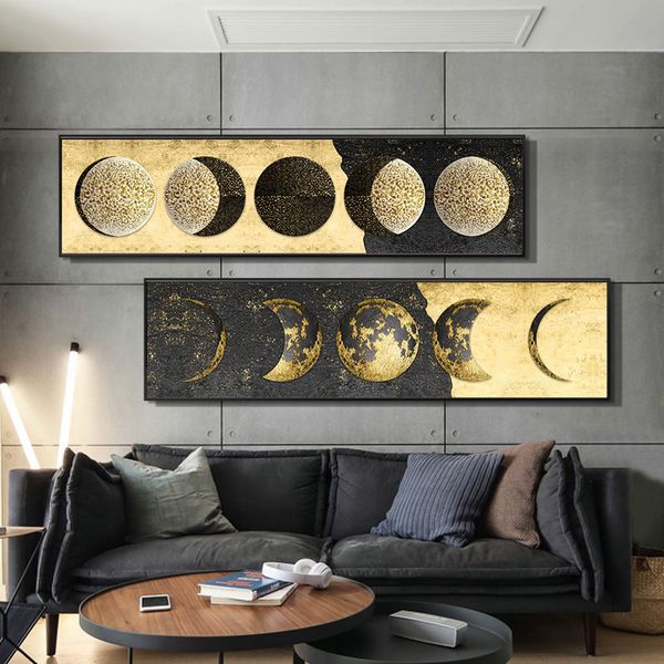 Toile de peinture de Phase de lune dorée, affiches d'art murales imprimées de grande taille, planète solaire, images murales pour décor de salon Cuadros