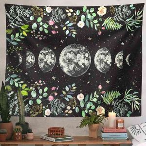 Moon phase de tapis mur suspendu vert olive feuille noire de fleur noire de chambre boho décoration de chambre décoration j220804