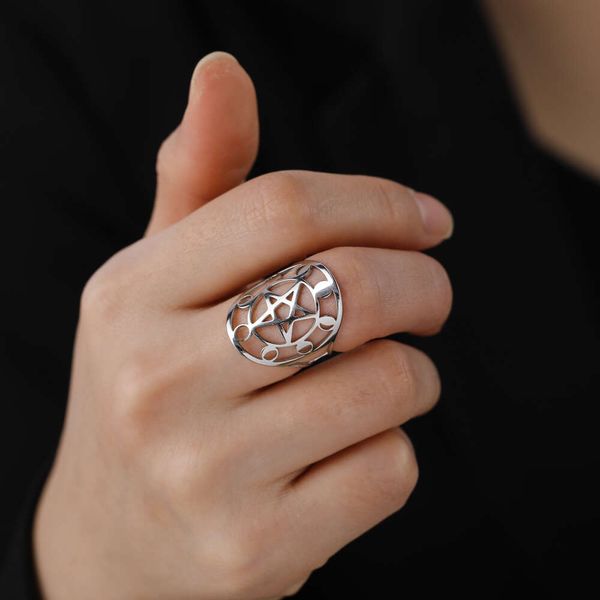 Moon phase pentacle pentagram en acier inoxydable large anneau de doigt pour les femmes cadeau de bijoux surnaturel de l'amulette géométrique