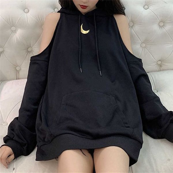 Luna impresión sexy fuera del hombro larga sudadera con capucha suelta adolescente mujer niñas hip hop streetwear sudaderas con capucha femeninas tops 210712