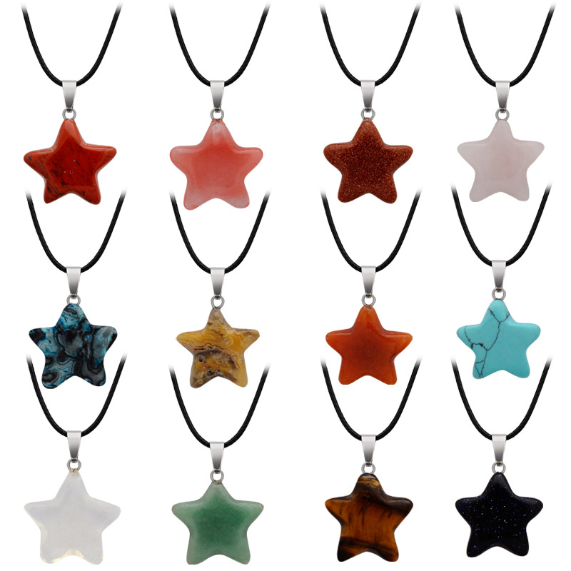 Mond-Stern-Anhänger-Halskette, Modeschmuck für Frauen, Männer, Mädchen, Geschenk, natürlicher Kristall, Quarzstein, Türkis, Herz-Charm-Halskette mit PU-Leder-Wachs-Seilkette