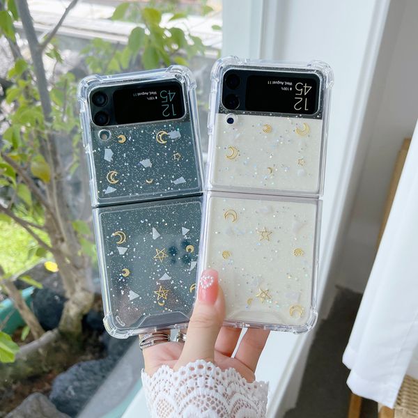 Funda de teléfono plegable transparente con lentejuelas Moon Star para Galaxy Z Flip3 5G, funda trasera dura para PC a prueba de golpes