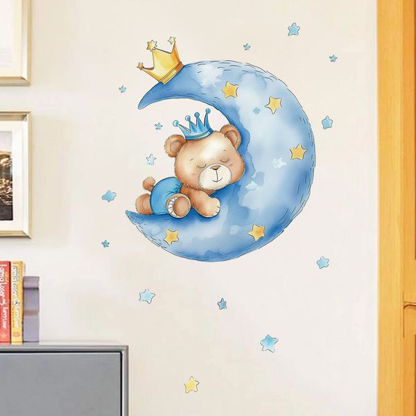 Stars de la lune Sleeping Bear Children's Children's Children's Stickers Living Room Bedroom Decoration Auto-Adhesive Wall Stickers.