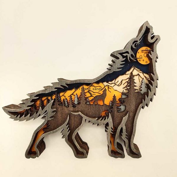 Luna Lobo Salvaje Artesanía Corte Láser Escultura De Madera Estatuilla Decoración Del Hogar Regalo Artesanía Bosque Animal Decoración De Mesa Estatuas De Lobo Adornos Decoración De La Habitación