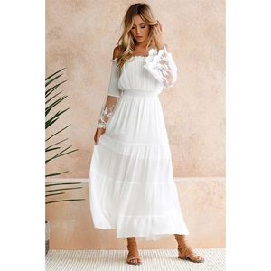 Moonbiffy Summer Sundress Femmes Blanc Plage Sans Bretelles À Manches Longues Lâche Sexy Hors Épaule Dentelle Boho Coton Maxi Robe Q190511