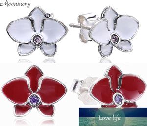 Moonmory 925 Oreille d'oreille d'orchidée Sterling Silver avec émail rouge blanc pour femme bijoux de mode faisant un argent authentique8280742