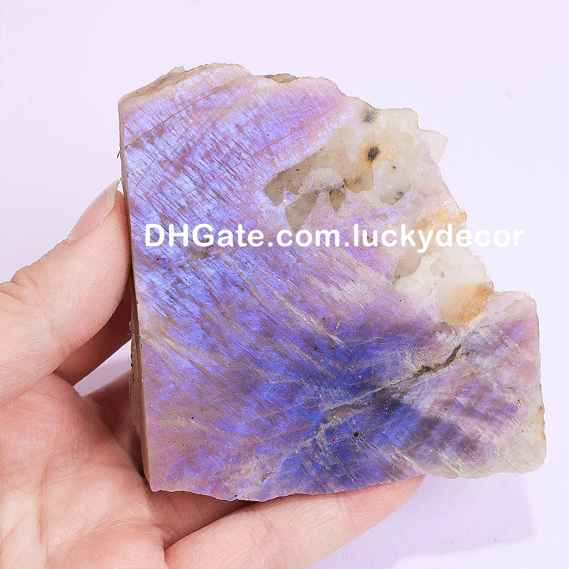 Moonstone Sunstone Crystal Slab Irregualr Natural Blue Purple Flash Stone Healing Crystal Slice 화려한 형이상학 보석 표본 디스플레이 생일 선물