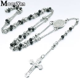 Moorva 60cm 4mm collier de perles hommes, classique en acier inoxydable chapelet croix catholique religieux bijoux croix jésus collier VRN13