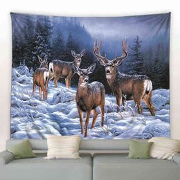 Moose dans l'hiver Forest Tapestry Wild Animal Deer Christmas Mur Murpus suspendu Home Art Decor Couverture pour chambre de chambre J220804