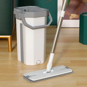 Limpieza de trapeador con cubo para lavar el piso Escoba mágica de agua automática Hogar Cocina Cabezal de polvo Giratorio Escobas de mano giratorias Conjunto blanco plano 240123