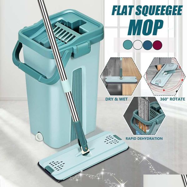 Mops 1set plat Squeeze Mop et seau essorage à la main nettoyage du sol 360 Roatation Matic Spin Pads humide sec U Lj201128 livraison directe maison Dhi98