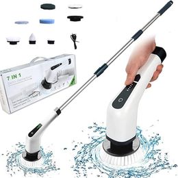 Vadrouilles Électrique Spin Scrubber Nettoyage Turbo Scrub Brush avec 7 Têtes De Rechange Poignée Réglable Cuisine Salle De Bains Nettoyer Outils 230721