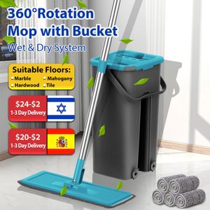 Mops Flat Squeeze Mop with Spin Bucket Hand Free Wringing Floor Cleaning Microfiber Mop Pads Wet or Dry Usage on Hardwood Laminate 230818