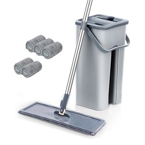 Vadrouilles mains libres Squeeze Mop avec seau 360 rotatif sol plat maison cuisine nettoyage ménager utilisation humide ou sèche 230531