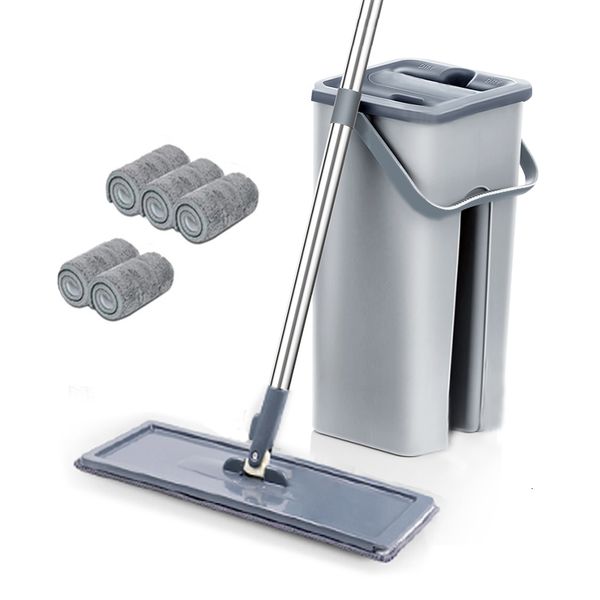 Vadrouilles mains libres Squeeze Mop avec seau 360 rotatif sol plat maison cuisine nettoyage ménager utilisation humide ou sèche 230626