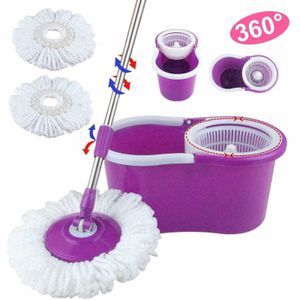 Mops eenvoudige magische vloer dweil met 360 ° emmer 2-head ultrafine vezel roterende kop paars 230412