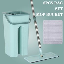 Mops Squeeze Flat Mop Emmer Set Dikker Emmer Vloer Mop Spin Hand Gratis Wassen Mops Droog Nat Gebruik 6 stuks Mops Rag Home Cleaning Tool Z0601