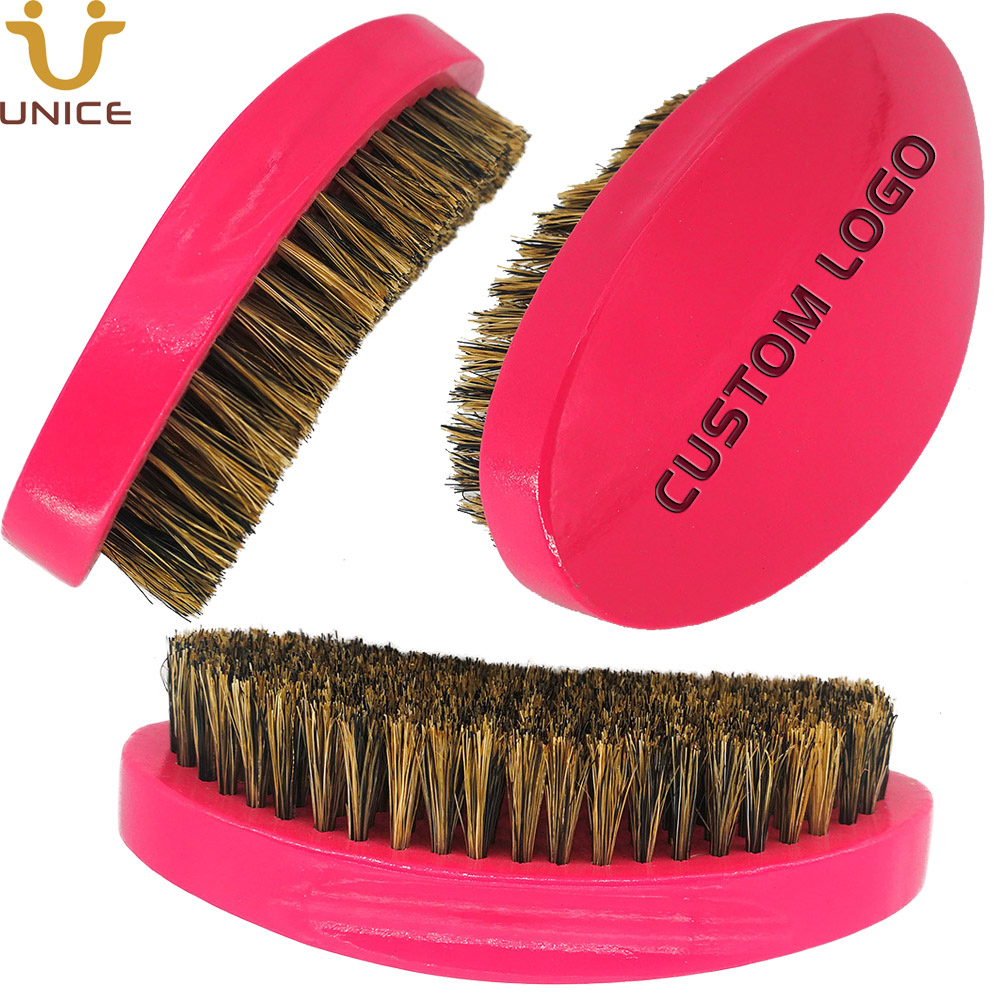 MOQ 100 Pcs Amazon Supplier 360° Wave Brushes Custom LOGO Boar Bristles Curved Palm Brush for Short Hair Pink
