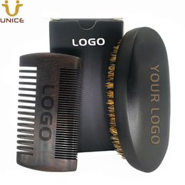 MOQ 100 piezas LOGOTIPO personalizado Kit de barba negra Peines de sándalo Cepillo de cerdas de jabalí Juego de aseo premium en caja de regalo con LOGOTIPOS impresos