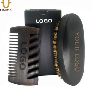 MOQ 100 stks Custom LOGO Zwarte Baard Kit Sandelhout Kammen Zwijnen Borstel Premium Grooming set in Geschenkdoos met Gedrukte LOGO'S