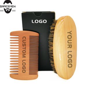 MOQ 100 Sets aangepaste logo baard snor grooming kit baarden borstel en dubbele actie perzik houten kam met zwarte geschenkdoos