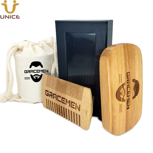 MOQ 100 sets OEM personalizado logo bambú pelo barba bigote trajes de aseo con la caja de bolsas para el hombre ecológico barbas brocha y peine