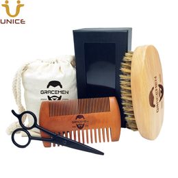 MOQ 100 Sets OEM Custom Logo Beard Care Kit met baardenborstel Double Sides Comb and Scissors in Personaliseer Bag Box Amazon leverancier voor 7 jaar